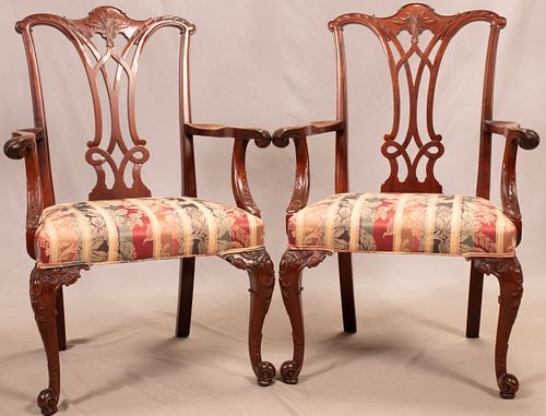 CHIPPENDALE STYLE MAHOGANY ARMCHAIRS, PAIR, H 42", W 28"