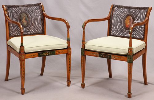 SHERATON STYLE CANE BACK ARMCHAIRS, TWO, H 33", W 21", D 21" 