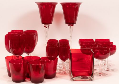 FOSTORIA RED GLASS STEMWARE, 27 PCS