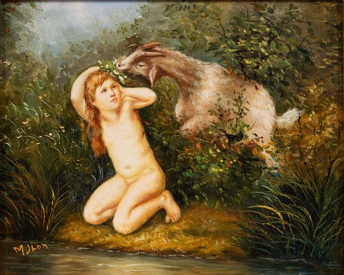 OIL ON WOOD PANEL, H 8", W 9.5", CHILD WITH GOAT 