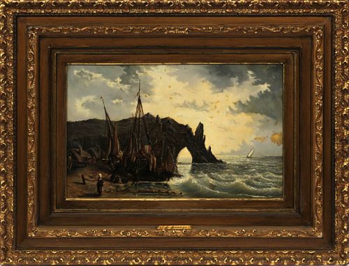 JULES DESPERES FRENCH, 19TH C., OIL ON CANVAS, H 12.5", W 20", FISHING BOATS AT PORTE D'AVAL, AS SEEN FROM THE PORTE D'AMONT 