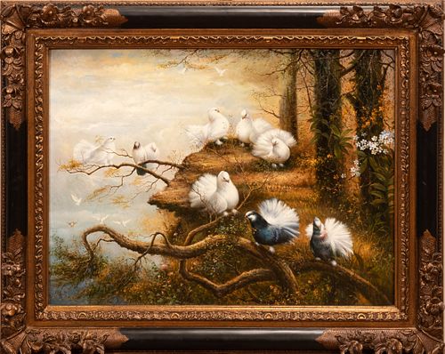 OIL ON CANVAS, H 29.5", W 40", BIRDS PERCHED IN AN AUTUMN LANDSCAPE 