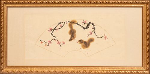CHINESE WATERCOLOR ON PAPER, H 12 1/2", W 27", SQUIRRELS UNDER CHERRY BLOSSOMS 