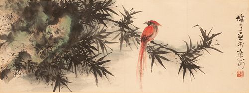 CHINESE WATERCOLOR ON PAPER, H 13", W 35", BIRD ON A BAMBOO BRANCH 