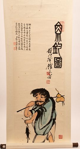 CHINESE INK AND WATERCOLOR ON PAPER SCROLL, H 44", W 15 1/2", A LOHAN WITH WINE GOURD 