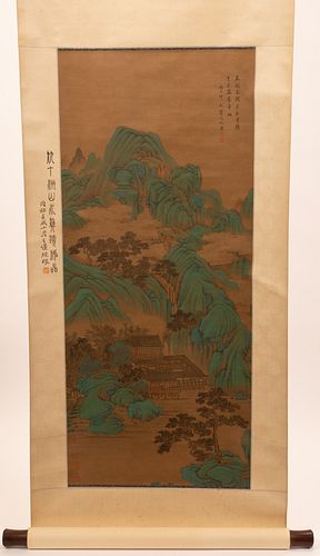 CHINESE INK ON PAPER SCROLL, H 34", W 15", MOUNTAINOUS LANDSCAPE 