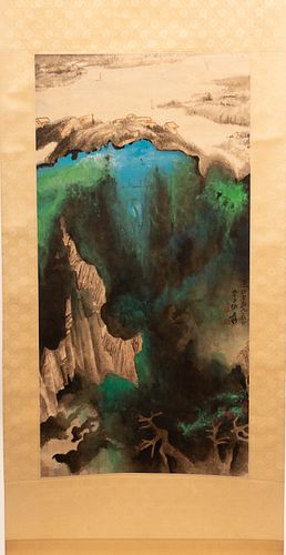 CHINESE WATERCOLOR ON PAPER SCROLL, H 34", W 17 1/2", MOUNTAIN LAKE 