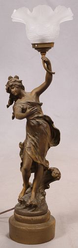 AFTER LOUIS AUGUST MOREAU (FRENCH, 1855–1919) SPELTER SCULPTURE LAMP H 26" W 7" NUDE 