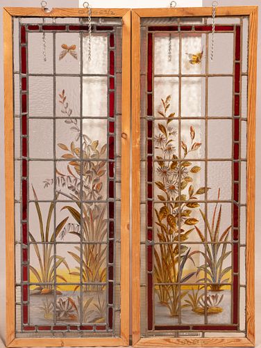 STAINED GLASS WINDOW PANES, PAIR, H 33.5", W 12"