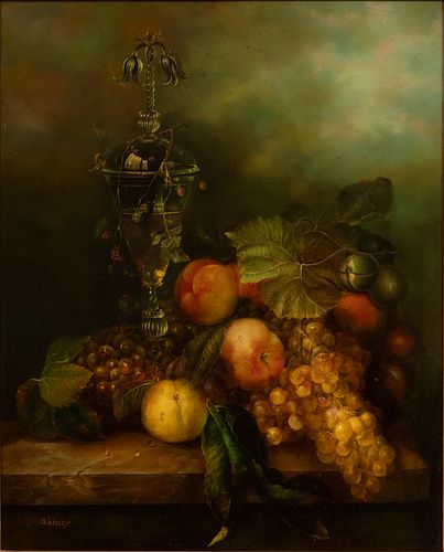 SIGNED QUINCY, OIL ON CANVAS  C. 1980, H 24" W 20"[ FLORAL AND FRUIT STILL LIFE 
