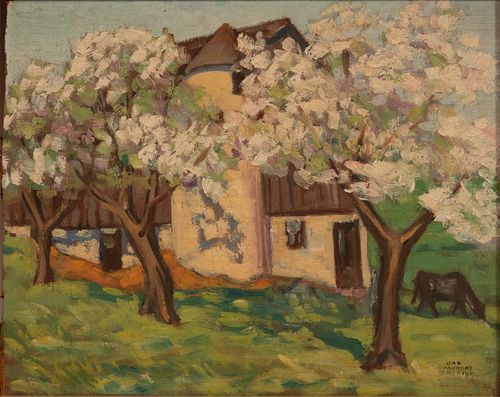 JEAN MURRAY CROZIER CANADIAN, 20TH C. OIL ON MASONITE H 10" W 11.5" SPRING LANDSCAPE 
