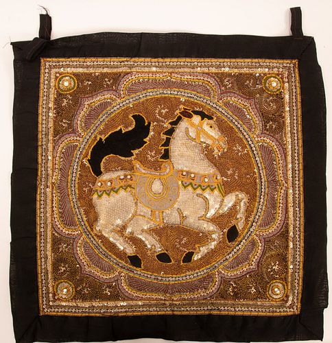INDIA NEEDLEWORK, SEQUINS AND GOLD BRAID, H 16" W 16.5" IMAGE OF HORSE 
