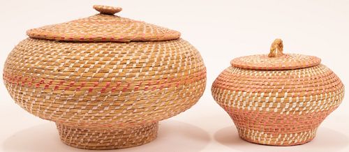 HAND WOVEN COVERED BASKET JARS, TWO DIA 10", 6" 