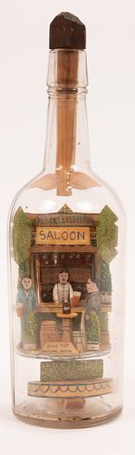 CARL WORNER (GERMAN/AMERICAN) CARVED AND PAINTED WOOD AND PAPER IN GLASS BOTTLE 1914 H 12.25" FIND THE MISSING MAN SALOON PUZZLE BOTTLE 