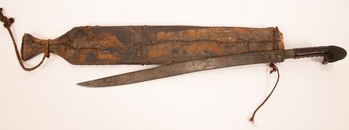 TURKISH YATAGHAN WITH WING-SHAPE MULE-EAR BONE HILT, L.27"  W.3.5"., AND  WEATHERED-AS IS SHEATH   1830 L 28.5" 