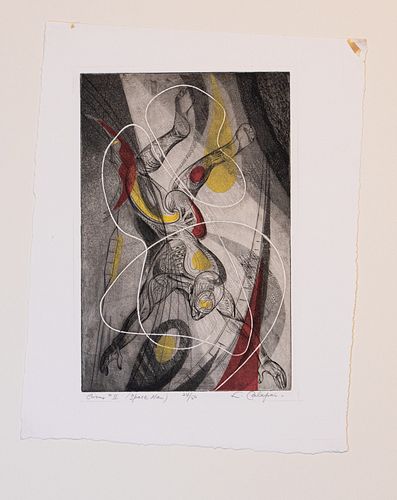 LETTERIO CALAPAI (AMERICAN, 1902–1993) ETCHING IN COLORS, ON WOVE PAPER, H 8.9" W 5.875 CIRCUS II - SPACE MAN 