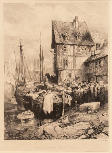 LOUIS-GABRIEL-EUGÈNE ISABEY (FRENCH, 1803–1886) LITHOGRAPH, ON WOVE PAPER, 19TH CENTURY H 12.25" W 9.5" INTERIEUR D'UN PORT 