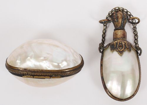 SHELL AND BRASS SNUFF BOX AND SNUFF BOTTLE 2 PC. H 2.2", L 2" 