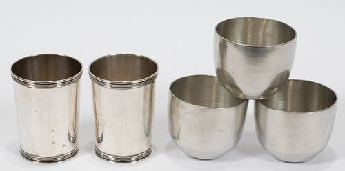 MANCHESTER STERLING + WHITE METAL CUPS, 5 PCS, H 2.5"-3.75", 7.94 TOZ 