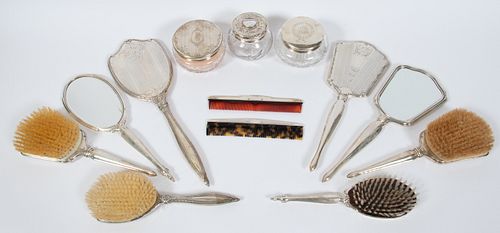 STERLING & CRYSTAL BRUSHES, MIRRORS, COMBS & JARS, 13 PCS, L 7"-16"