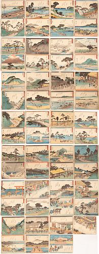 UTAGAWA HIROSHIGE (JAPAN, 1797–58) WOODBLOCK PRINTS, INK AND COLOR ON MULBERRY (KOZO) PAPER, 1840-42, H 6.25", W 8.75", KYOKA TOKAIDO (THE FIFTY THREE