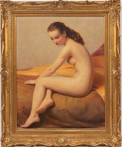ROBERT LOUIS RAYMOND DUFLOS (FRENCH, 1898-29), OIL ON CANVAS, H 18", W 14", FEMALE NUDE 