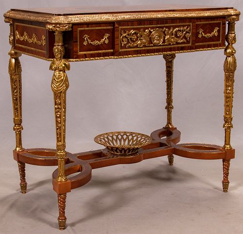 LOUIS XVI STYLE FRUITWOOD & BRONZE ORMOLU CENTRE TABLE, IN THE STYLE OF ADAM WEISWEILER  H 31", W 34"