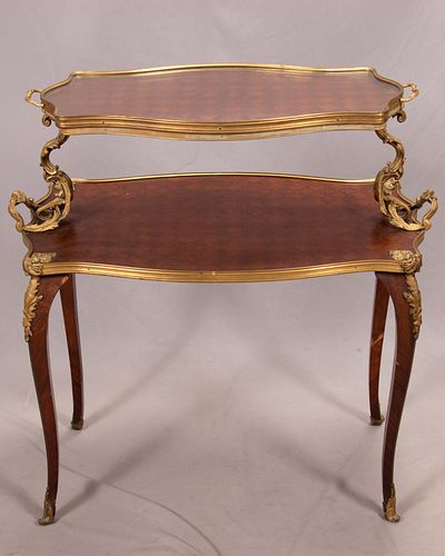 FRENCH LOUIS XV STYLE VIOLET WOOD VENEER AND GILT BRONZE FRAME TEA TABLE IN THE STYLE OF LÉON MESSAGÉ, LATE19TH.C. H 35", W 33", D 19" 