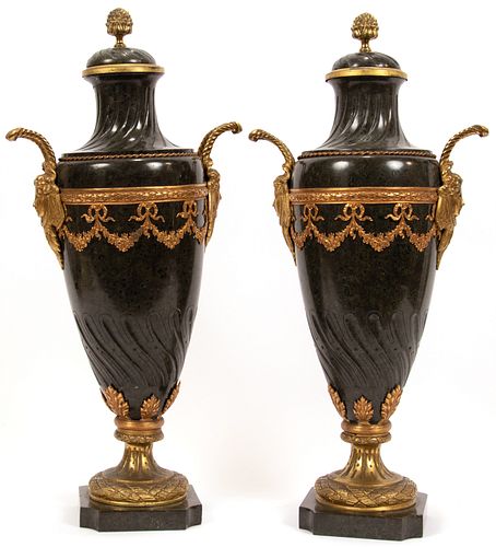 FRENCH EMPIRE GILT BRONZE & MARBLE LIDDED URNS, PAIR, H 18", W 9"