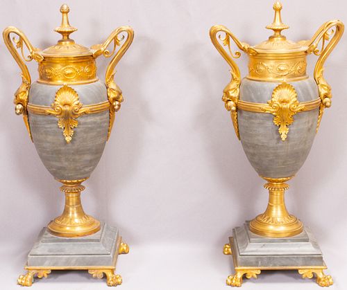 FRENCH EMPIRE DORE BRONZE & MARBLE URNS, PAIR, H 20", W 10"