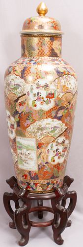 CHINESE PORCELAIN LIDDED URN + STAND, 2 PCS, H 35", DIA 13"