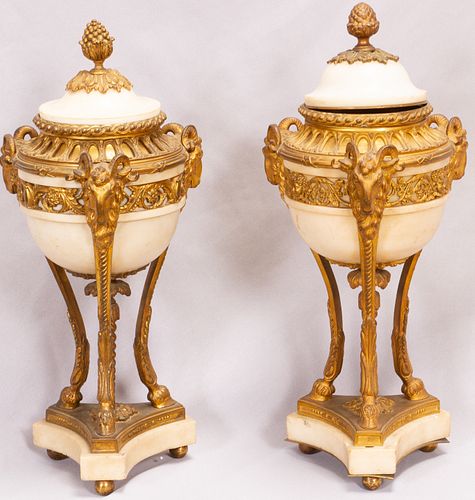 FRENCH MARBLE & DORE BRONZE URNS, PAIR, H 17", DIA 8" 