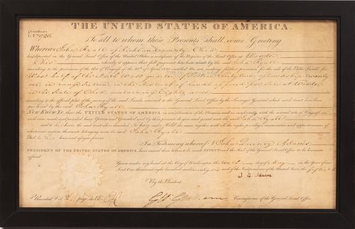 JOHN QUINCY ADAMS SIGNED LAND GRANT, MAY 10TH 1826, H 9", W 15 1/2" 