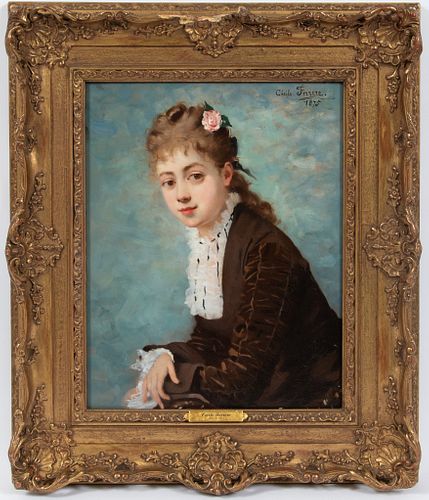 CÉCILE (MME. GUERIN) FERRERE (FRENCH, 1847–1931) OIL ON WOOD PANEL 1875 H 15.5" W 12" PORTRAIT OF A YOUNG WOMAN 