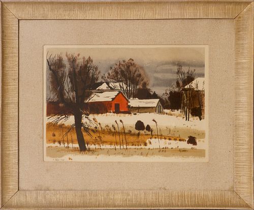 CHARLES CULVER (AMER.1908–67), WATERCOLOR ON HEAVY WOVE PAPER, 1945 H 13" W 18.75" WINTER LANDSCAPE 