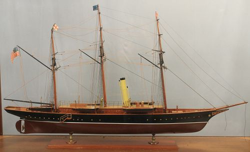 WOODEN MODEL SHIP IN DISPLAY CASE, H 72", W 22" (CASE) 