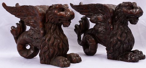 FLORENTINE CARVED LACQUERED WOOD GRIFFINS, C. 1900, PAIR, H 12", D 16"