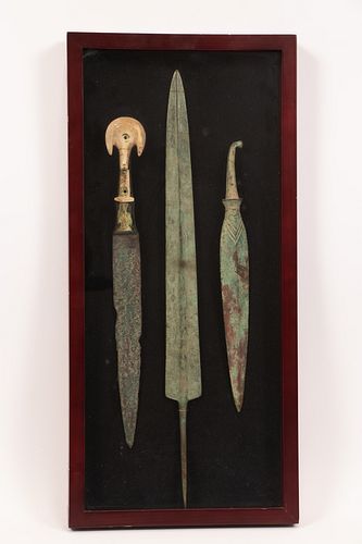BRONZE SPEAR HEADS AND DAGGER, THEE PIECES, L 11 3/4" TO 18 1/2" 