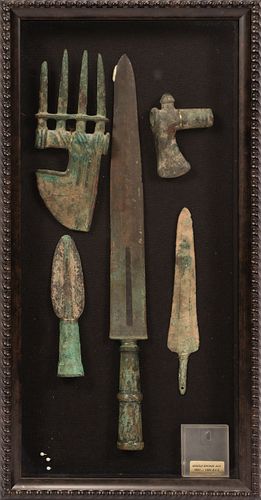 BRONZE AXE AND SPEAR HEADS, FIVE PIECES, L 3" TO 7" 