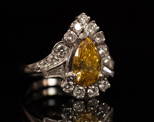 YELLOW PEAR SHAPE DIAMOND RING, PLATNIUM, SIZE 6.2 CIRCA 1950 