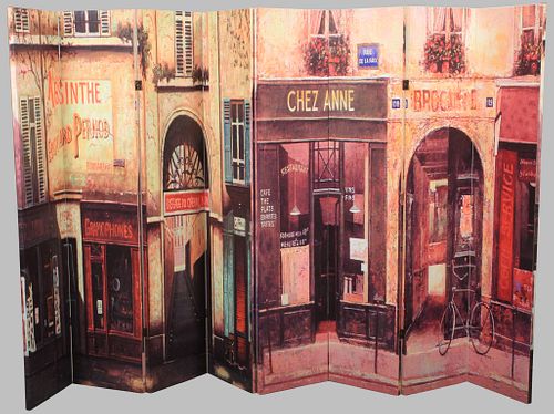TWO 4-PANELED FOLDING SCREENS, REPRODUCED COLOR IMAGES ON STRETCHED TARPAULIN, H 71" W 15.75" FRENCH STREET SCENES 