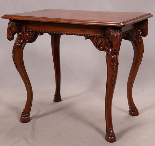 CARVED MAHOGANY GAME TABLE, HORSE HEAD CARVING H 26", W 29" 