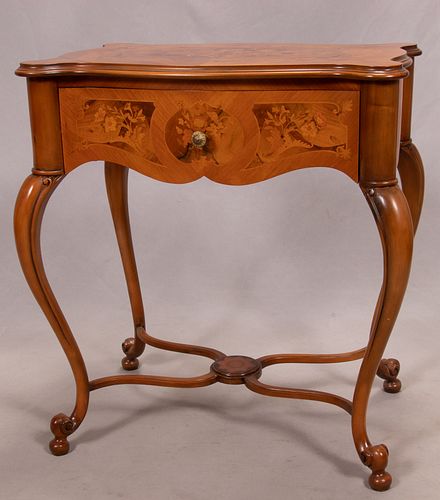 SATINWOOD AND  FRUITWOOD MARQUETRY INLAY VANITY TABLE C. 1950, H 30", W 23"