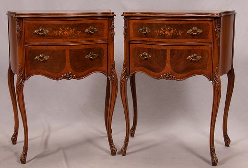 SECOND EMPIRE STYLE MAHOGANY AND FRUITWOOD MARQUETRY END TABLES, PAIR, H 30", W 23", D 14" 