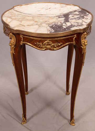 FRENCH LOUIS XV STYLE KINGWOOD WITH GILT BRONZE MOUNTS GUERIDON, INSET MARBLE TOP H 29", DIA 24" 