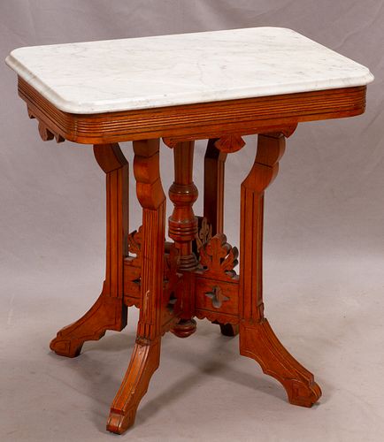 EASTLAKE WALNUT & MARBLE TOP TABLE, C. 1900, H 29", W 26"
