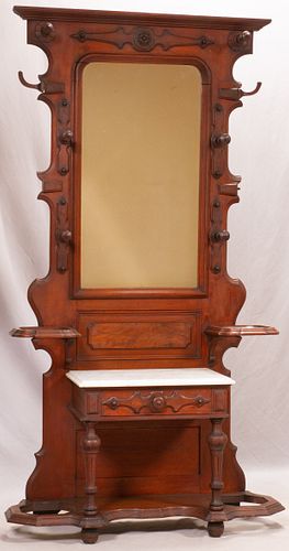 AMERICAN VICTORIAN WALNUT AND MARBLE TOP HALL TREE WITH MIRROR C. 1870 H 81" W 42" D 16" 