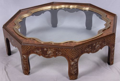 BAKER CHINOISERIE STYLE WALNUT & BRASS COFFEE TABLE, H 15", DIA 50"