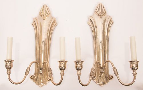 SILVER PLATE TWO LIGHT WALL SCONCES, PAIR C. 1940, H 16" W 10" 