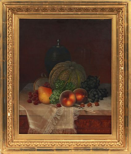 WILLIAM MASON BROWN AMERICAN (1828-1898) OIL ON CANVAS 19TH C. H 20" W 16" STILL LIFE WITH FRUITS, SAMOVAR, AND TEACUP 